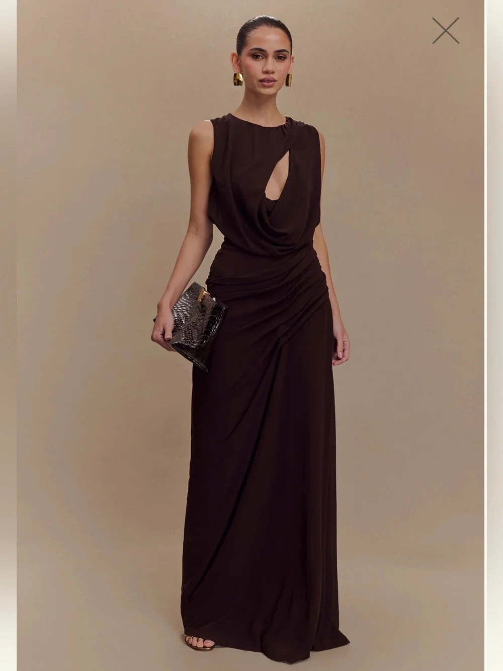 Meshki Dark Brown Draped Maxi Dress - Picture 1 of 3